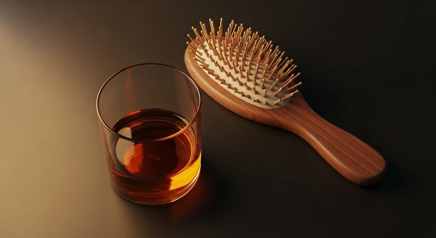 Glass tumbler and wooden brush on dark surface representing alcohol and hair health