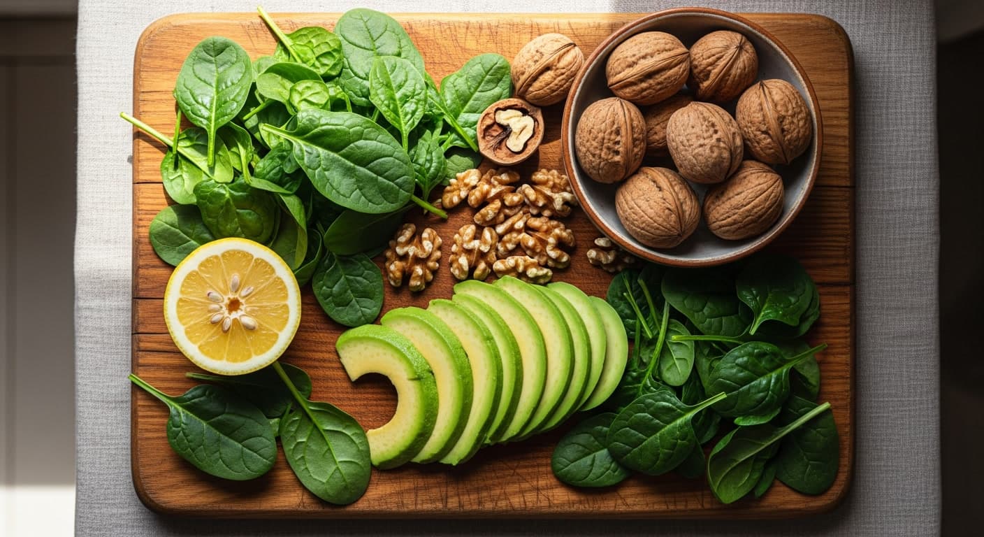 Nutrient-rich foods for hair growth including avocado, walnuts, and spinach