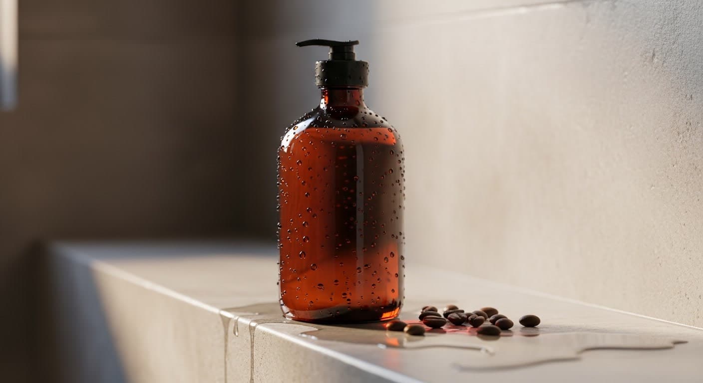Amber shampoo bottle with coffee beans representing caffeine hair loss treatment