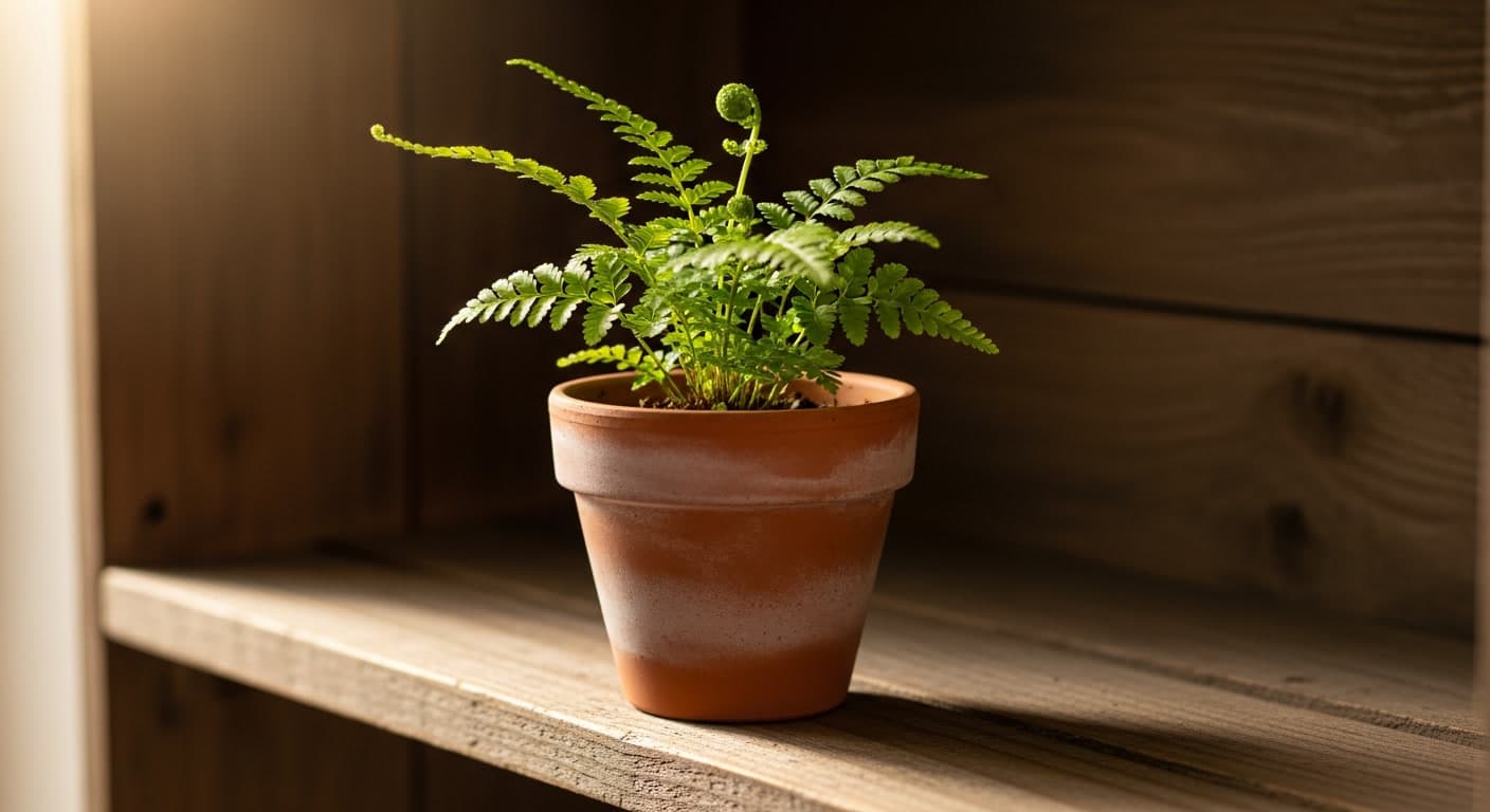 Small fern in terracotta pot representing gentle scalp care for CCCA
