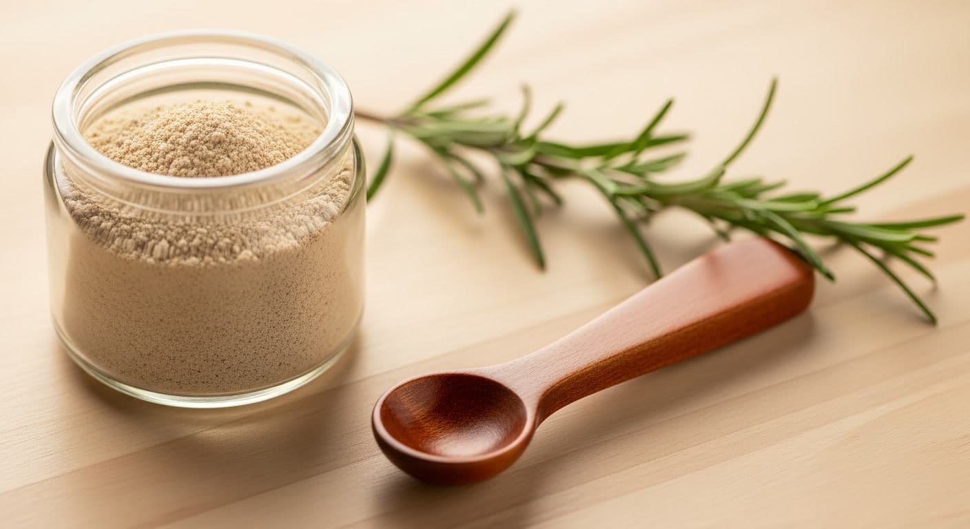 Glass jar of collagen powder with wooden spoon representing hair supplements