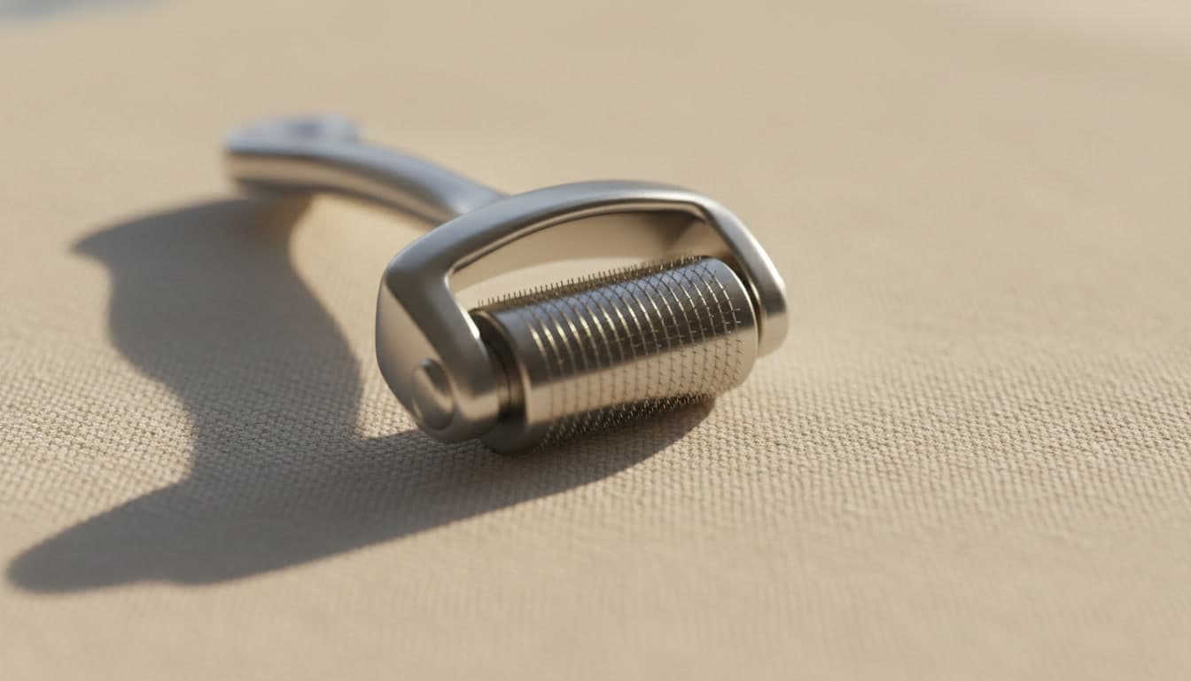 Close-up of a dermaroller on a neutral surface representing needle length choice for hair loss