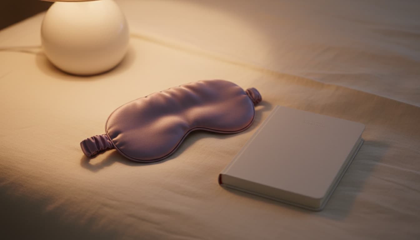 A sleep mask and a closed notebook on a bed beside a softly lit lamp