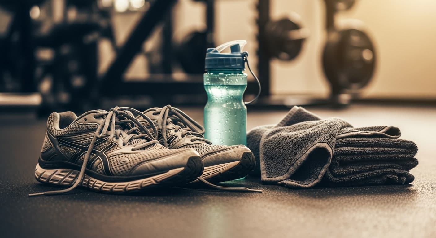 Gym shoes and water bottle representing exercise and hair loss connection