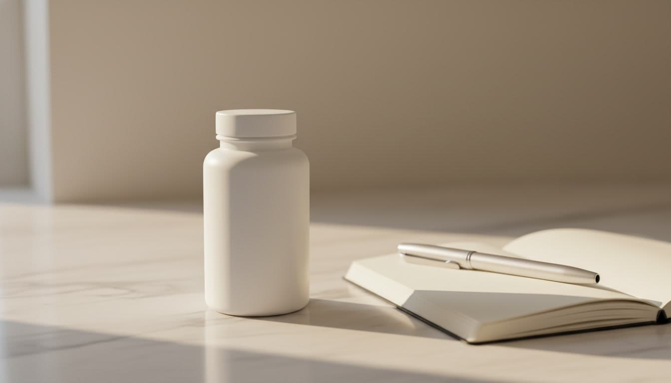 Editorial photograph of a pill bottle next to a folded prescription on a neutral surface