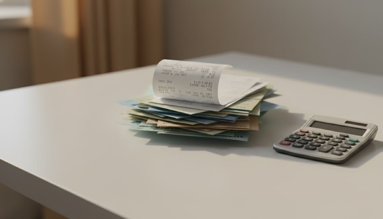 Editorial photograph of a folded receipt and a notebook on a neutral surface