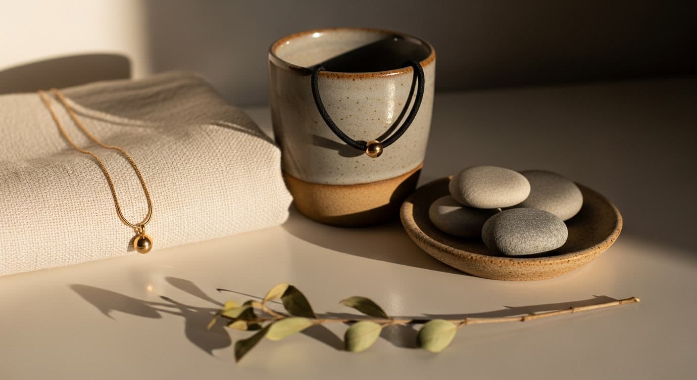 Wooden vanity with hair tie representing young women hair loss