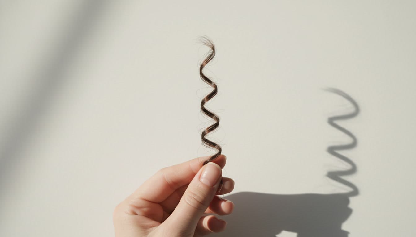 Close-up of a hand performing a gentle hair pull test on a small bundle of hair