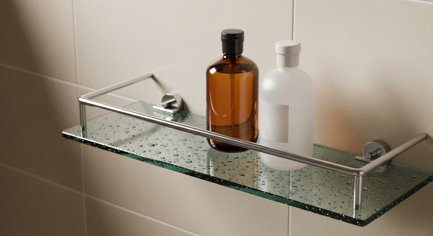 Shower shelf with hair care bottles representing washing frequency