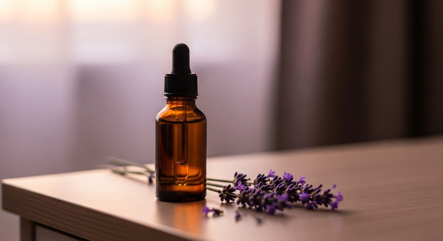 Amber dropper bottle and lavender on nightstand representing topical melatonin for hair