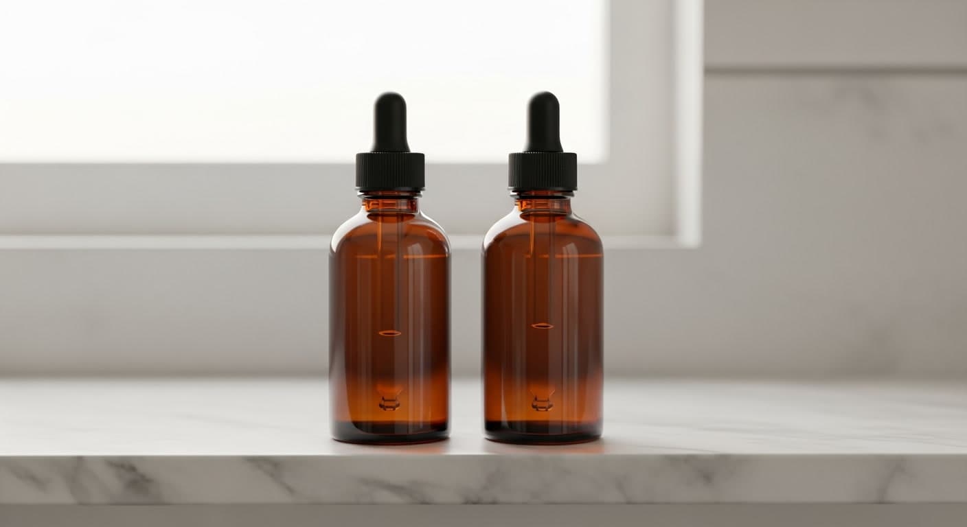 Minoxidil dropper bottles representing before and after treatment progression