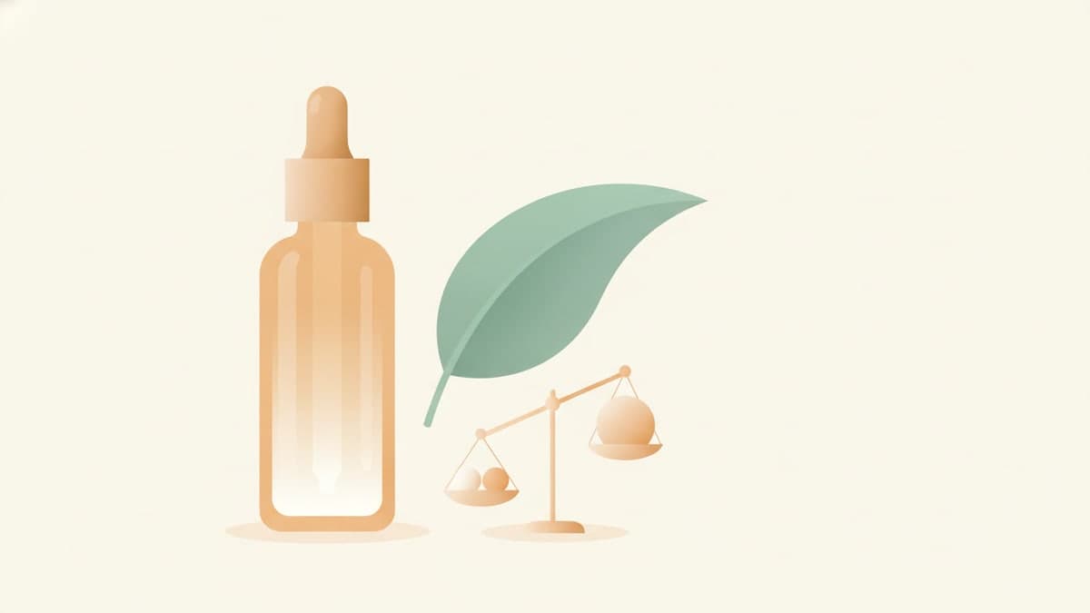 An amber dropper bottle beside a leaf representing niacinamide serum for hair and scalp