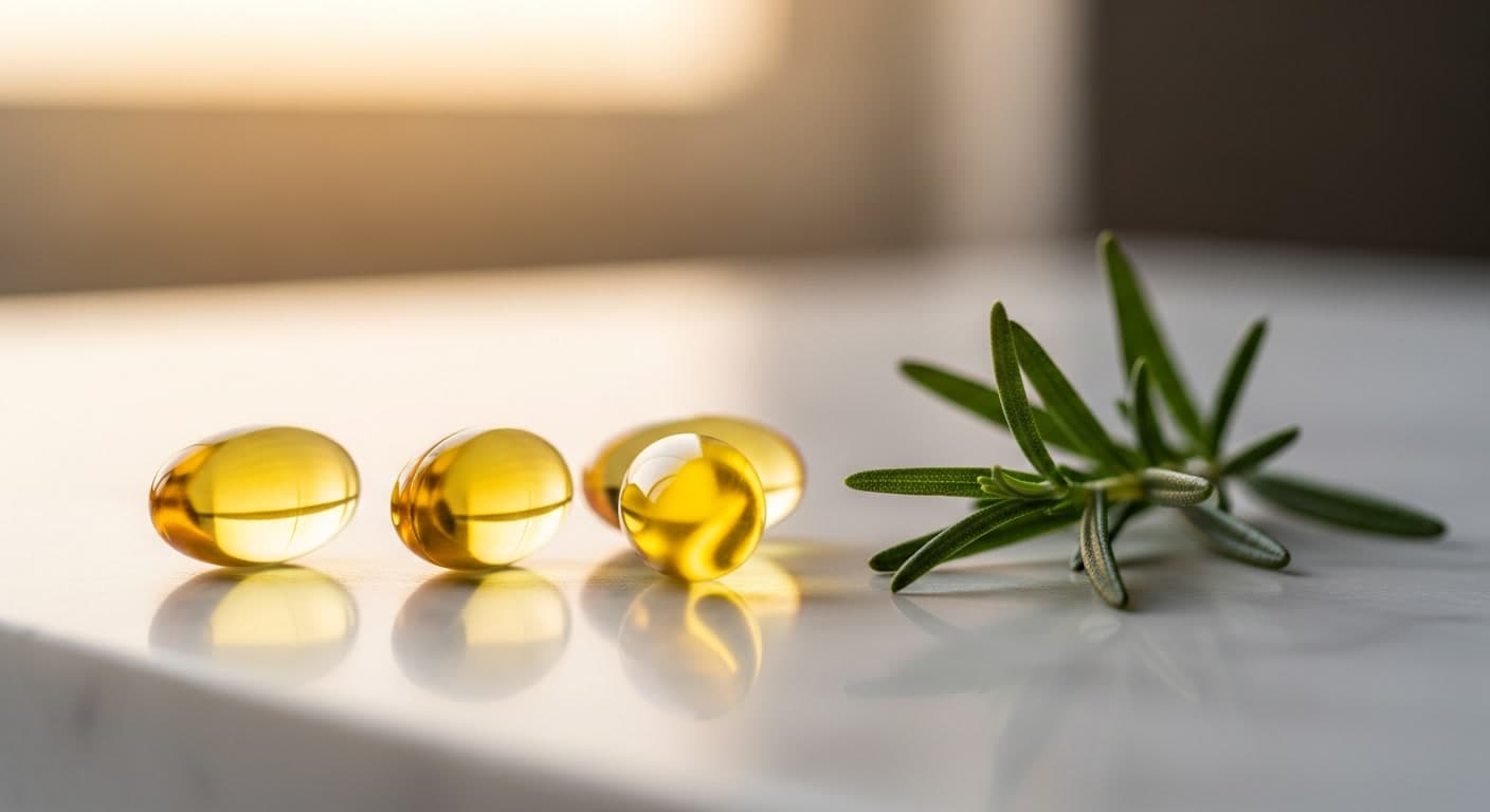 Golden fish oil capsules on marble surface representing omega-3 supplementation for hair