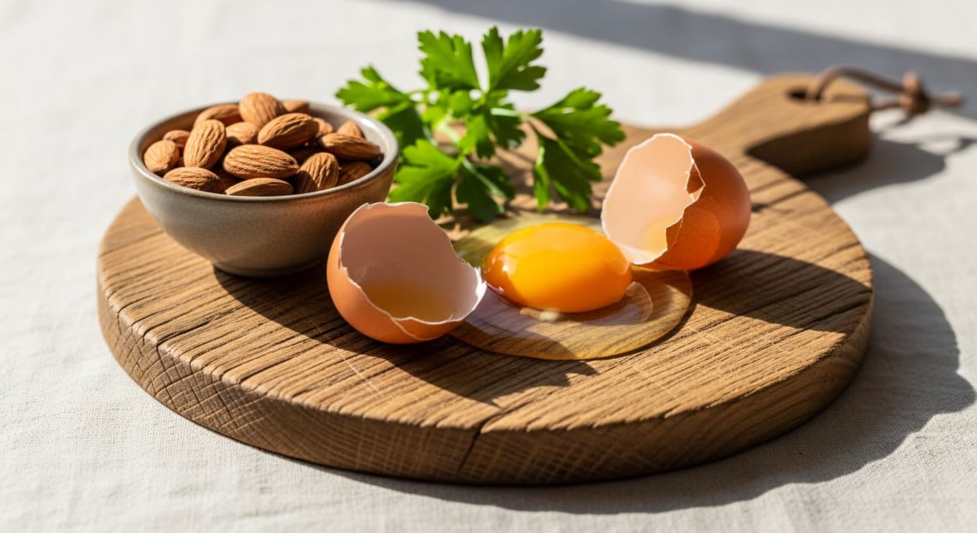 Protein-rich foods on cutting board representing dietary hair health