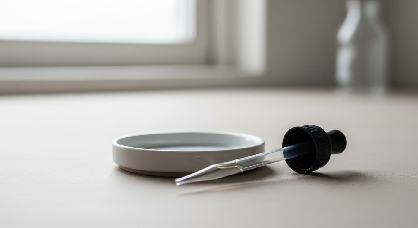 Glass pipette and ceramic dish representing topical pyrilutamide treatment