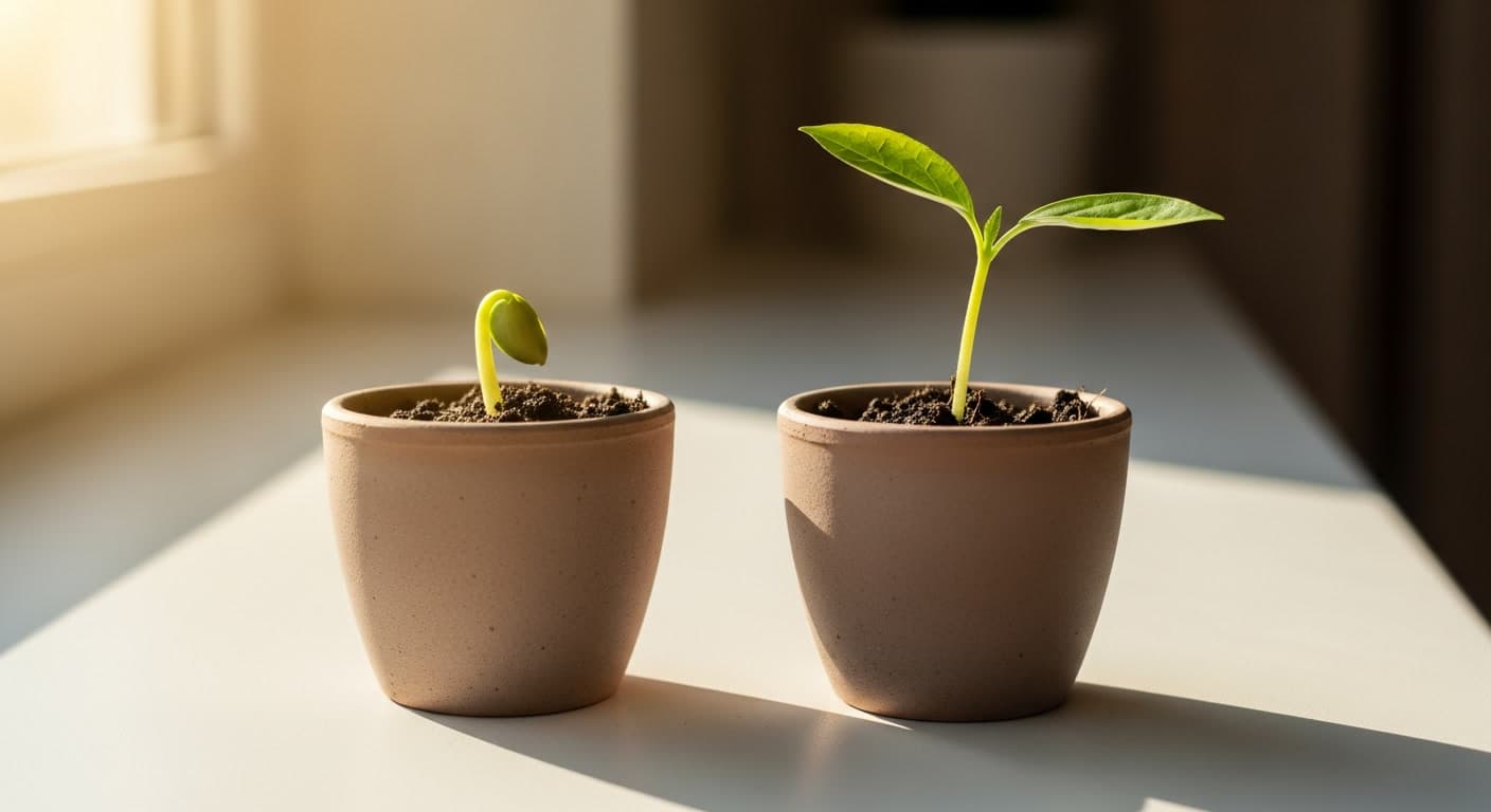 Two seedling pots representing stages of hair transplant procedures