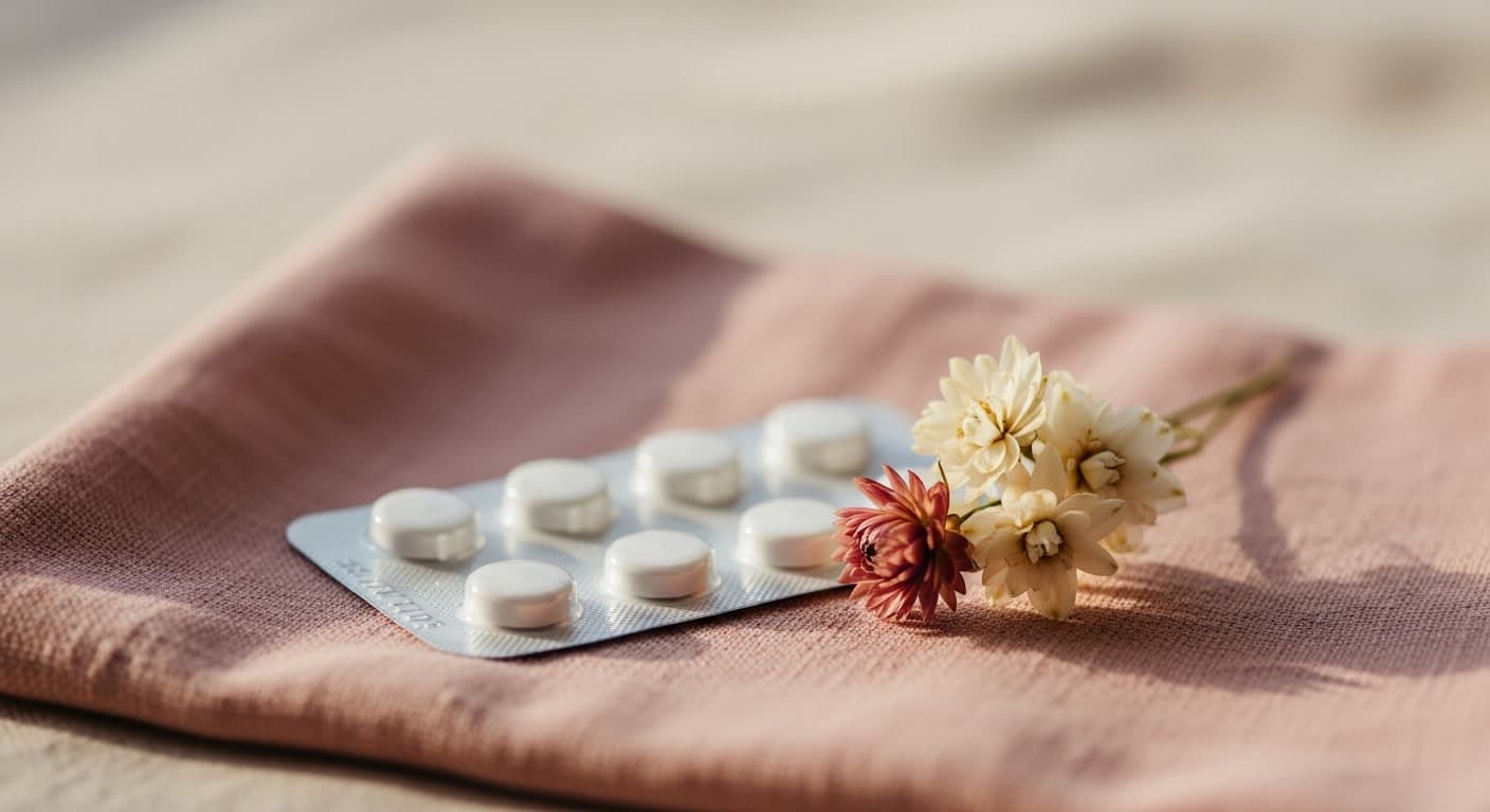 White tablets on pink linen representing spironolactone treatment for women