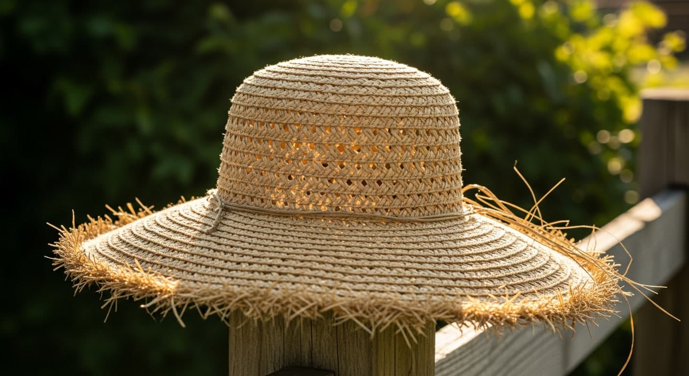 Straw sun hat on fence post representing scalp UV protection