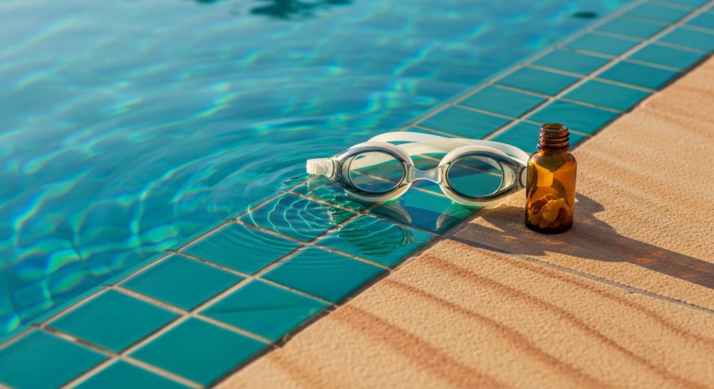 Pool edge with swim goggles representing chlorine and hair loss