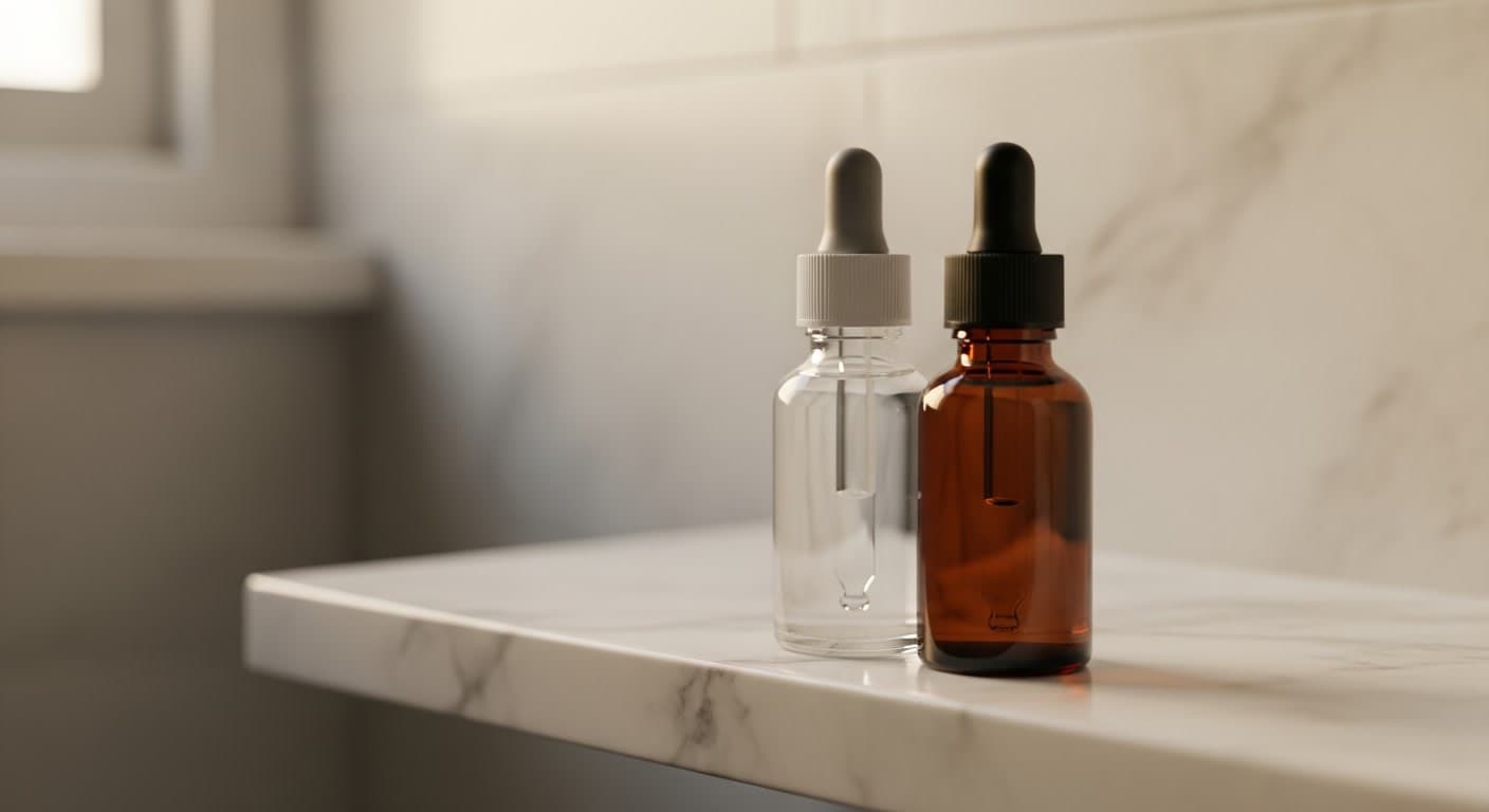 Two dropper bottles comparing topical and oral finasteride formulations