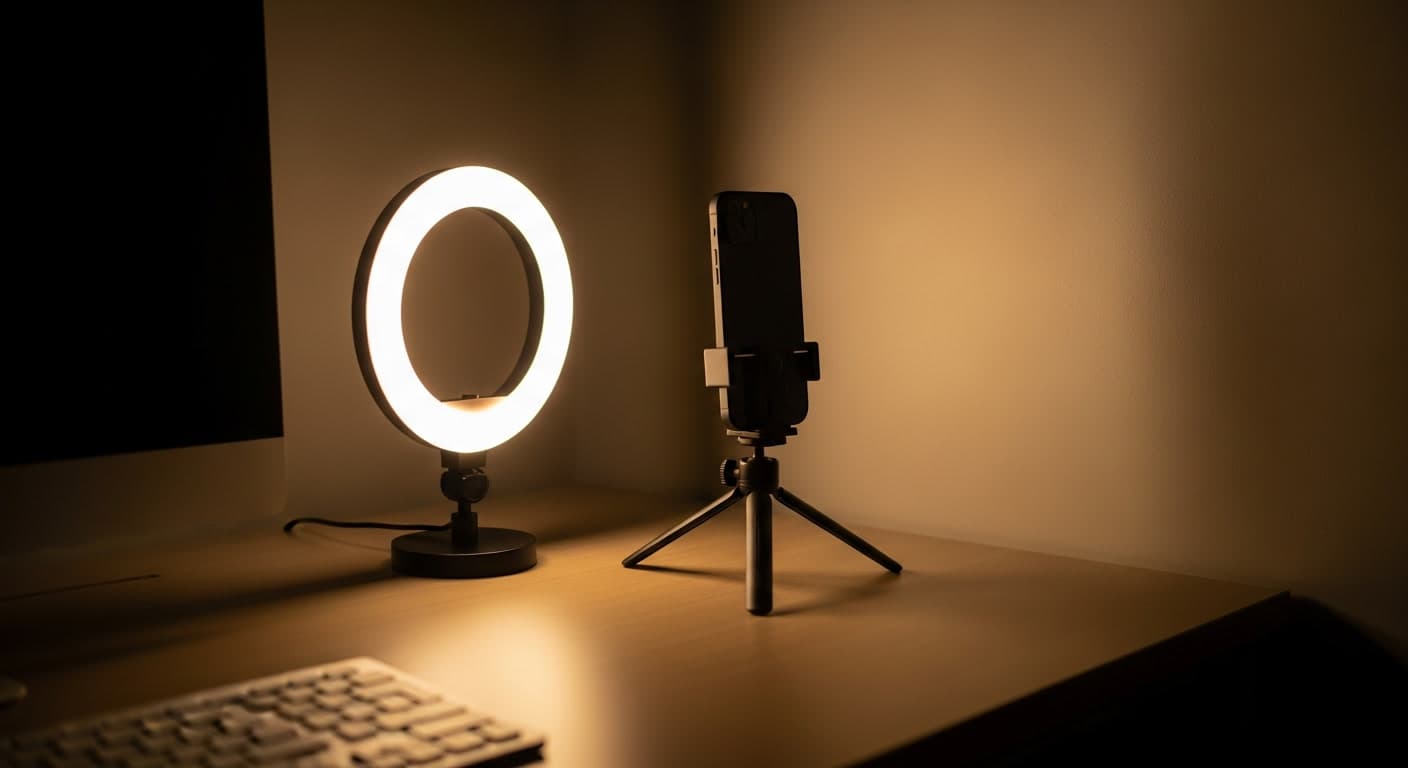 Ring light and phone tripod setup for hair loss photo tracking