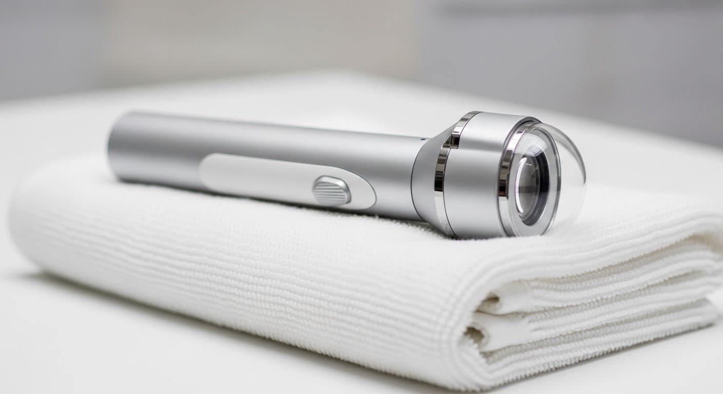 Dermoscope on white towel representing trichoscopy scalp examination