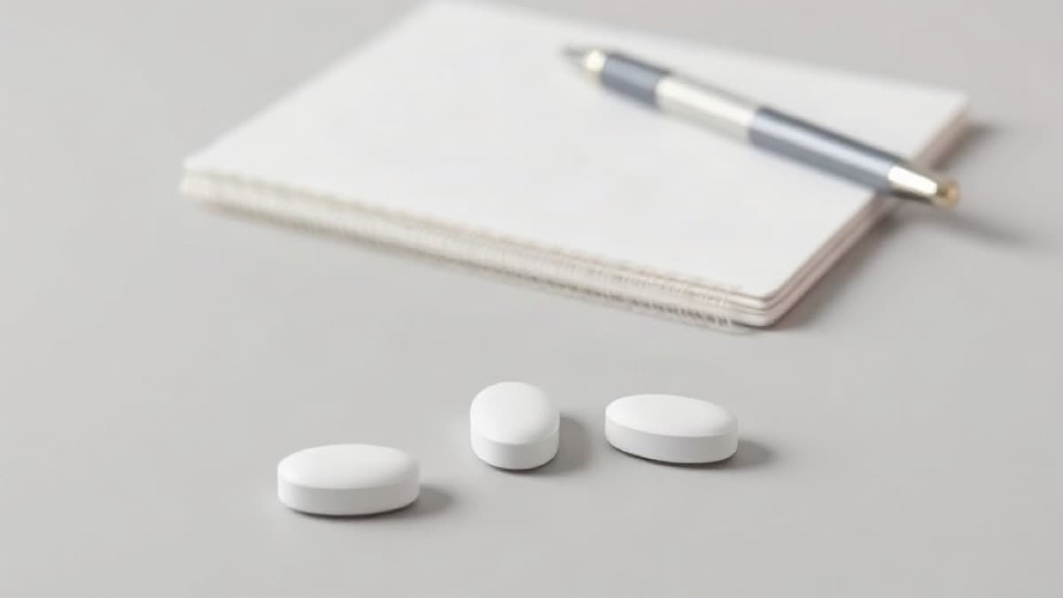 Three plain white tablets on a pale grey surface beside a blank notebook and pen