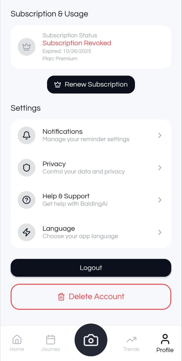 Delete Account Screenshot