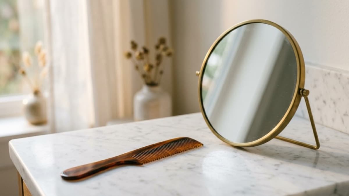 Comb and mirror on marble surface for hair loss self-assessment