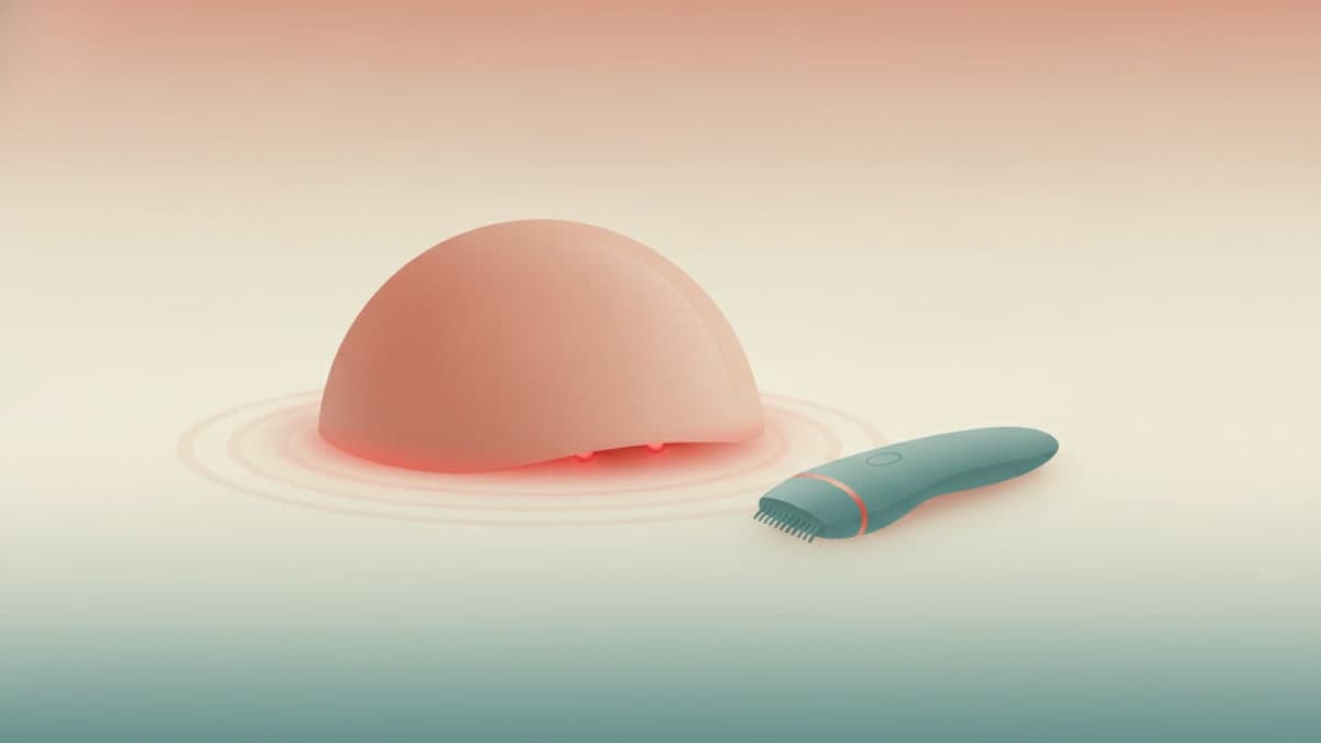 Laser therapy cap and laser comb side by side on dark stone