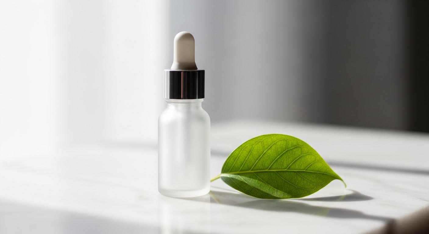 Frosted dropper bottle representing topical clascoterone treatment