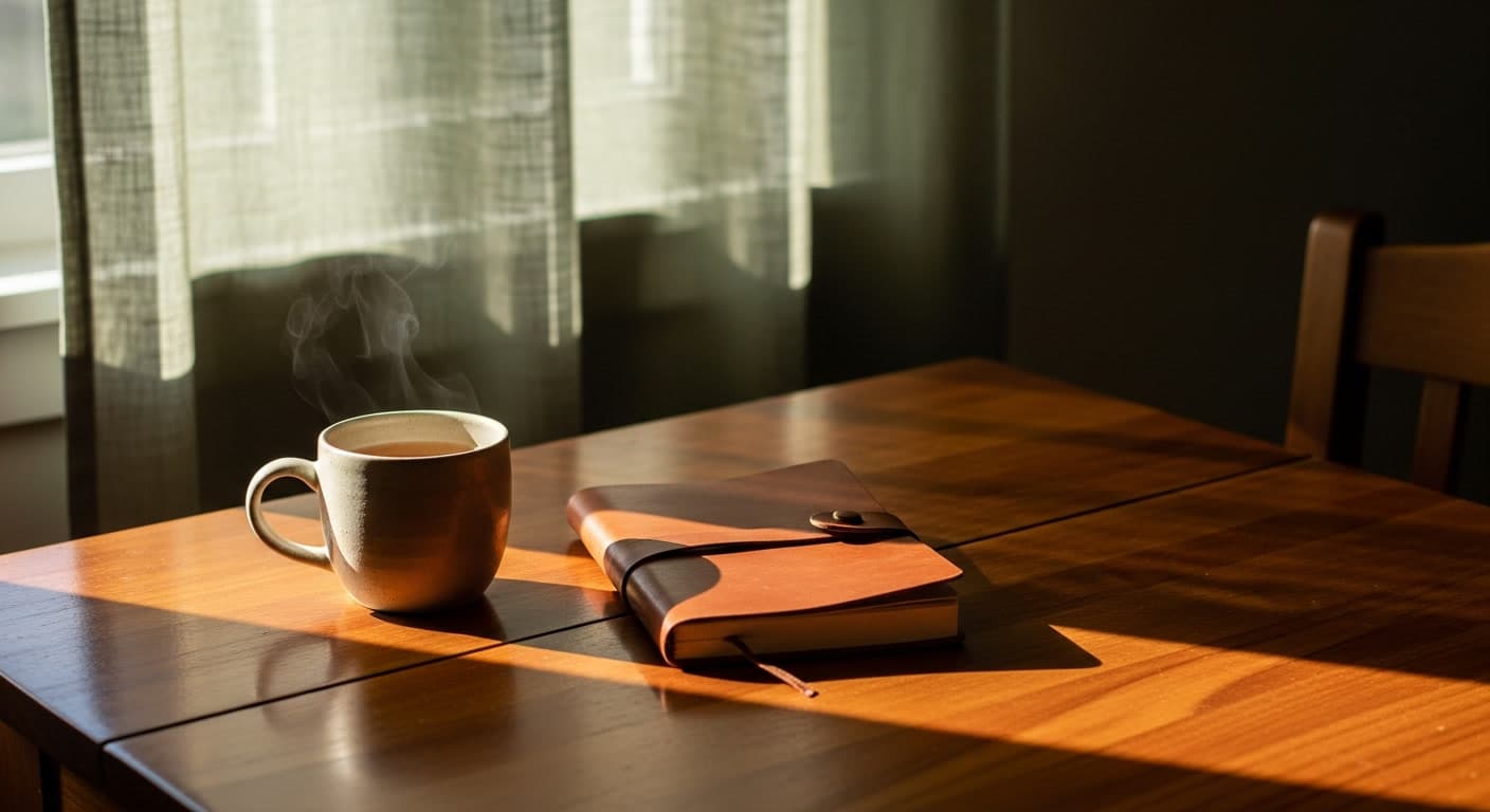 Tea and journal representing calm and stress management for hair loss