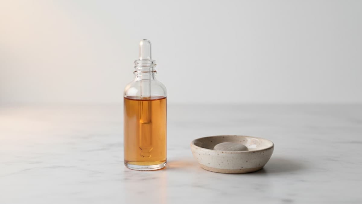 Dropper bottle on marble surface representing DHT hair loss treatment