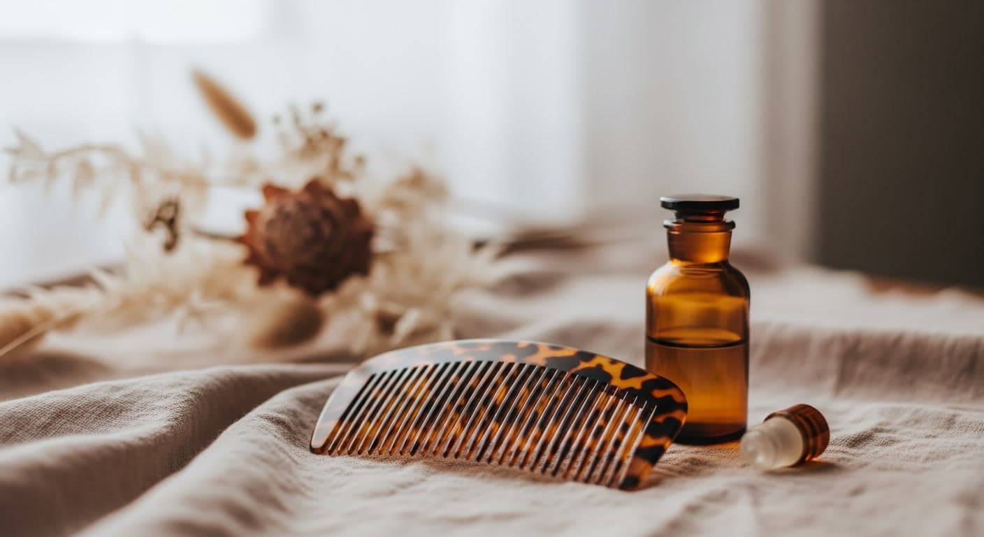 Feminine hair care items representing female pattern hair loss and the Ludwig scale