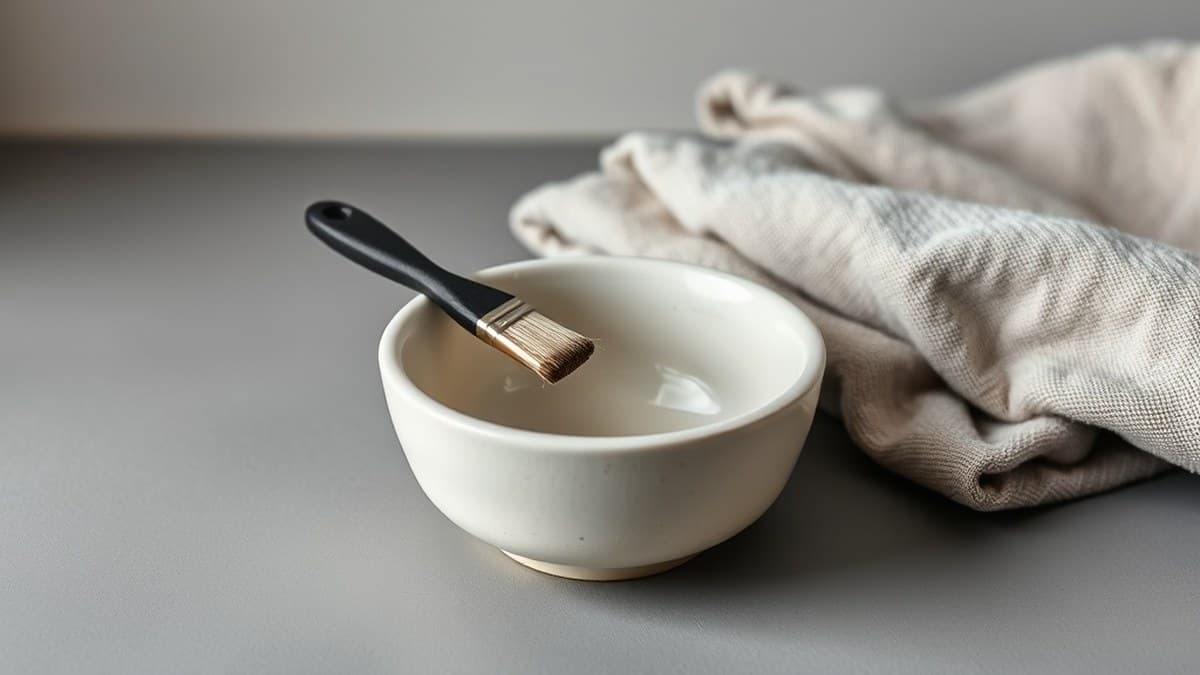 A ceramic tint bowl and tinting brush on a grey surface beside a folded towel, representing hair colouring