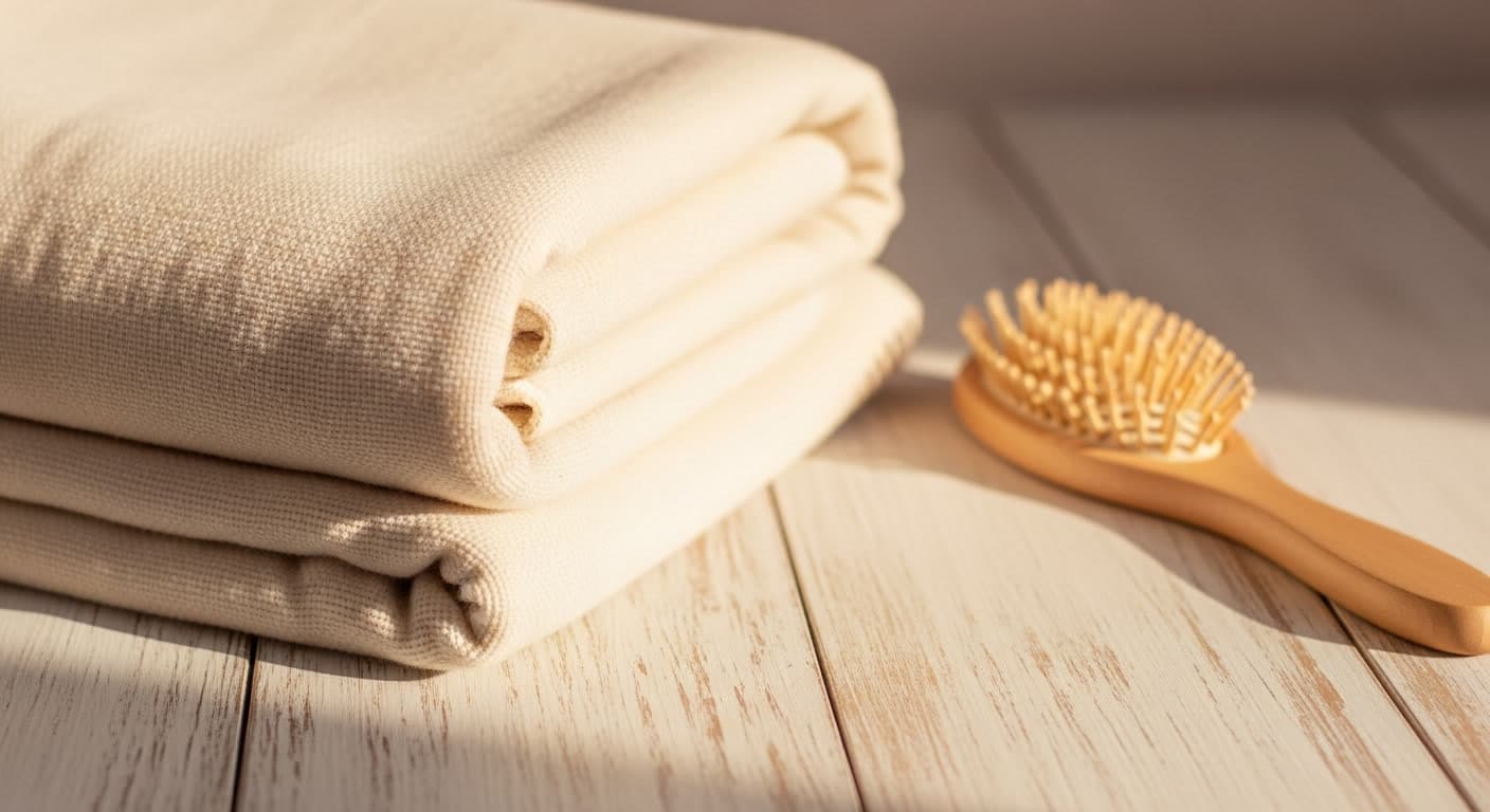 Baby blanket and hairbrush representing postpartum hair loss and recovery