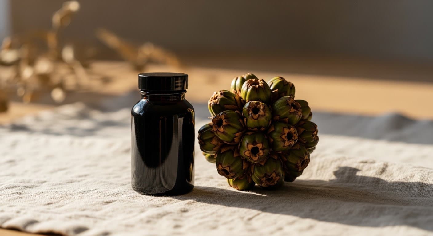 Supplement bottle and palm berries representing saw palmetto for hair loss