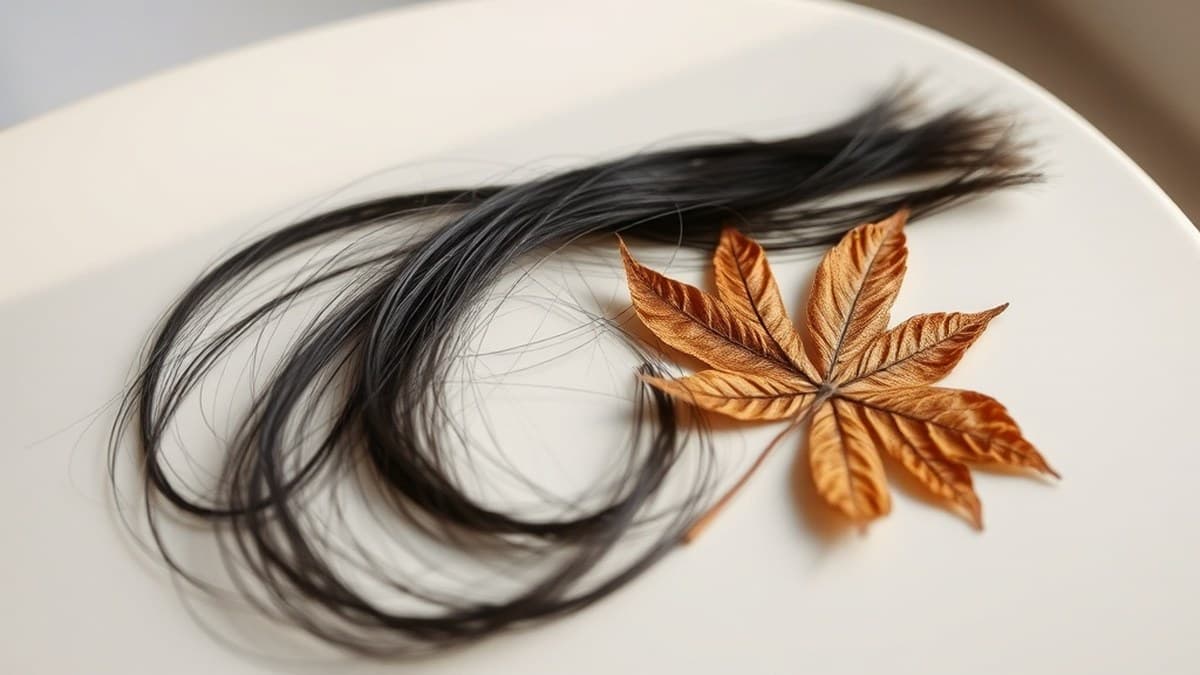 Strands of dark hair beside a dried autumn leaf on a pale surface, representing seasonal hair shedding