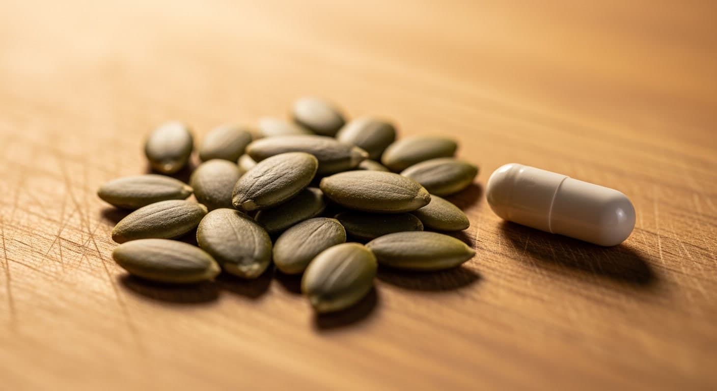 Pumpkin seeds and supplement capsule representing zinc for hair health
